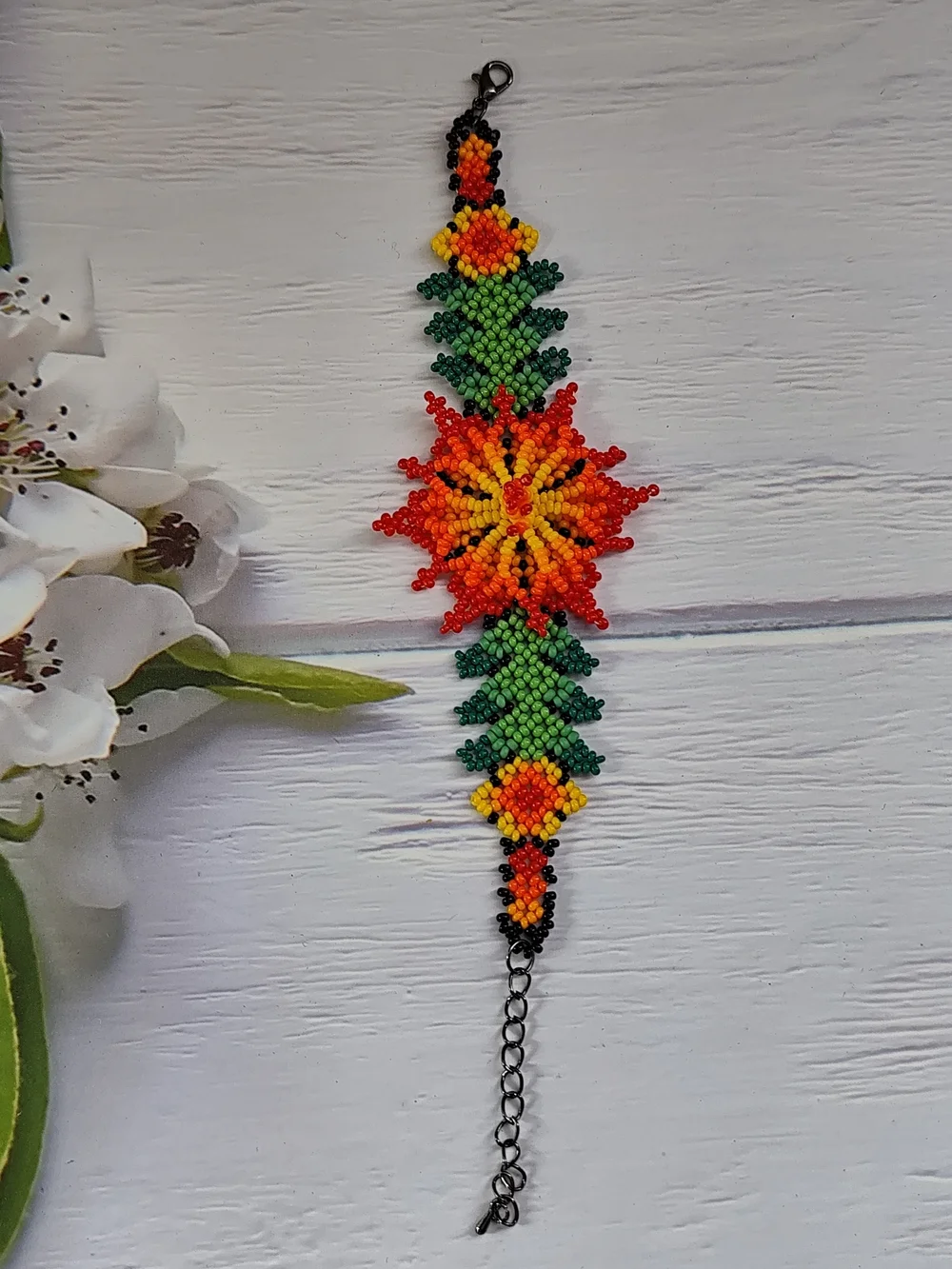 Vibrant Floral Seed Bead Bracelet in Red, Orange & Green